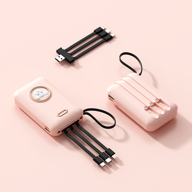 New Product High Capacity Cute Cartoon Built-In 4 Cables 5000mAh 10000mAh ultra Thin Power Bank with Dual LED Light and Lanyard