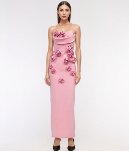 Abito <span class=keywords><strong>da</strong></span> Festa <span class=keywords><strong>da</strong></span> <span class=keywords><strong>Donna</strong></span> di Alta Qualità Elegante Lungo Aderente a Fasce Rosa con Rose 3D a Spalle Scoperte - Product Image 1