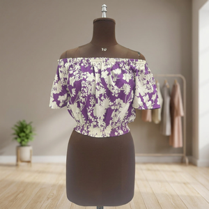 Blusa de Mujer Estilo Gótico con Hombros Descubiertos, Estampado Floral, 100% Algodón Tejido, Manga Corta, Casual, Primavera Verano - Product Image 1