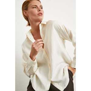 Chemise en modal à double rayure écru, chemisier minimaliste en popeline boutonné pour femme, à porter au quotidien - Product Image 6