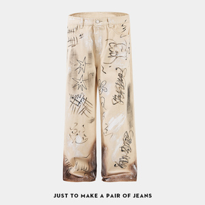 Jeans droits pour hommes sur mesure OEM en gros, pantalon en denim <span class=keywords><strong>beige</strong></span> délavé, imprimé graffiti, style streetwear vintage - Product Image 1