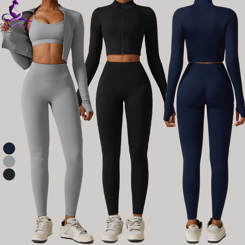 Quick Dry Women 3 Piece Long Sleeve Tops Yoga Set Custom Soft Activewear Set Workout Sports Bra Jacket Leggings Gym Fitness Sets
