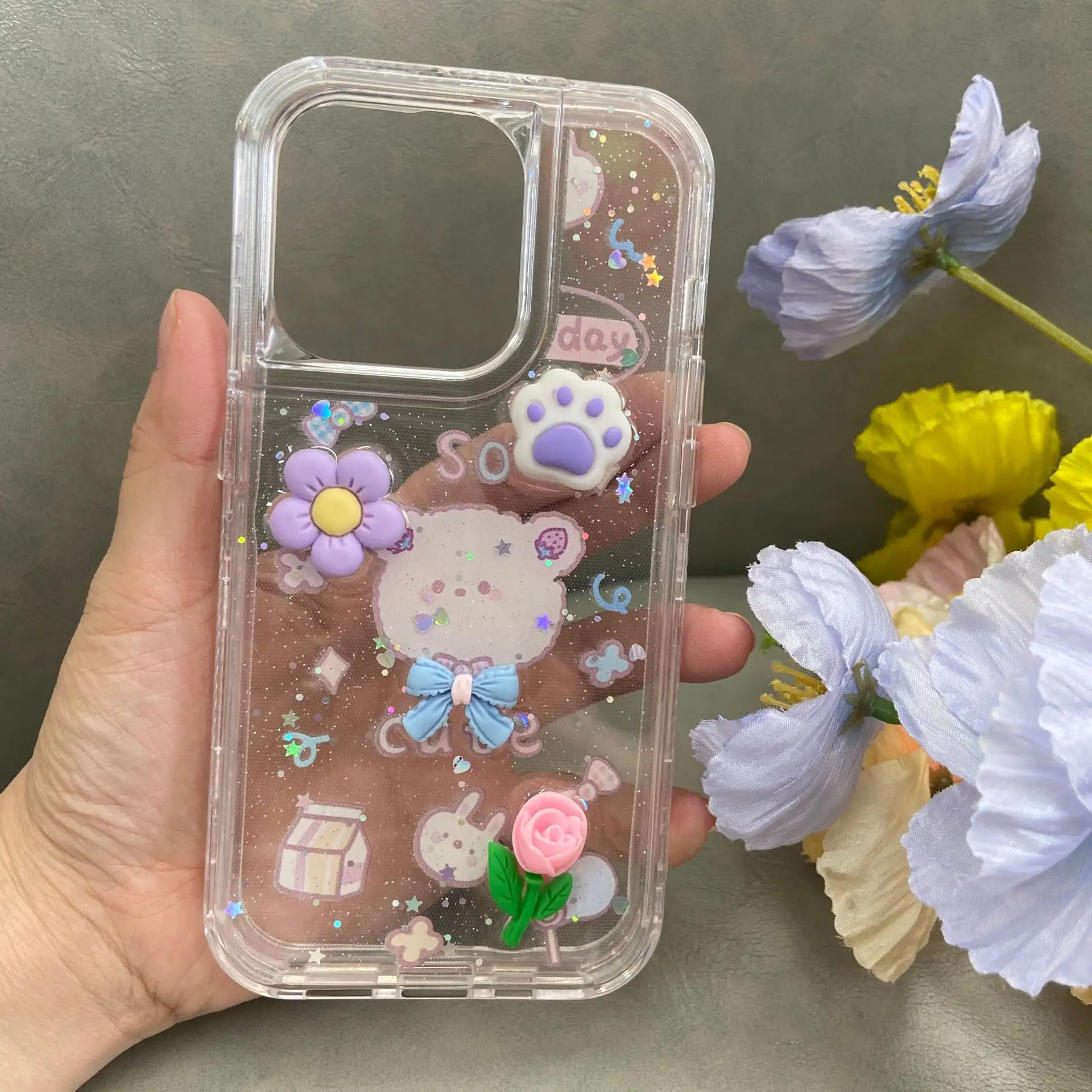 Luxus stoß feste Silikon 3D Liebe Herz Blumenmuster Handy hülle für iPhone 15 14 13 12 11 Pro Max Clear Handy Coque Shell