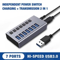 Hub USB 3.2 Gen1 5 Gbps en alliage d'aluminium HS-707MG-5G à 7 ports avec interrupteurs individuels et adaptateur 12V 2A – En stock pour PC et Mac