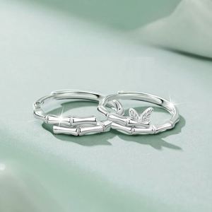 Anillos De Pareja <b>Silver</b> Plated Sparkling Zircon Bamboo Leaves Couple <b>Ring</b> Wedding <b>Ring</b> <b>Adjustable</b> Open Wedding Couple <b>Ring</b> - Product Image 3