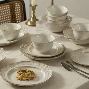 旧货巴洛克压花石器餐具套装浮雕陶瓷盘碗套装
