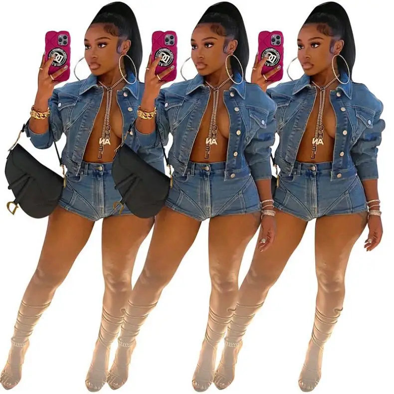 Wholesale 2022 Fall Two Piece Shorts Sets Women Trend Crop Top Women Denim Shorts Set Plus Size Casual Women Jacket Short Set