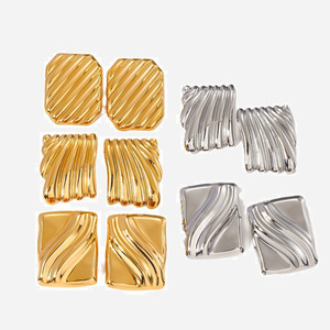 Stud Earrings Square Wave Texture Gold <b>Silver</b> Geometric Fashion Jewelry Party Wearable Accessories - Product Image 1