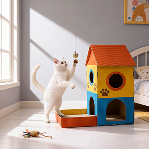 Rumah Mainan Kucing Lipat Dua Tingkat, Modern, Mewah, Berwarna, Grosir Kustom, Tahan Lama, Nyaman, untuk Kucing di Dalam Ruangan, Dilengkapi Penyimpanan - Product Image 1