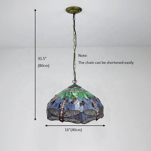LongHuiJing 16-Inch Wide Tiffany Style Dome Pendant <b>Light</b> Colorful Dragonfly Stained Glass Shade Adjustable Height Middle Size - Product Image 5
