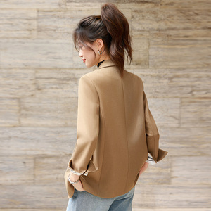 Women's Blazer Spring Autumn 2025 Coffee Color Solid Splicing Anti-Wrinkle Polyester Worst Fabric Professional Commuting Top - Product Image 5