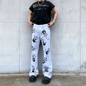 Calças queimadas estilo americano, <span class=keywords><strong>jeans</strong></span> branco estampado em palmeira na rua alta, calça para meninos e meninas com estampa de rua - Product Image 1