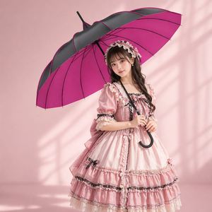 Parapluie pagode à volants personnalisé avec logo OEM, poignée en cuir, 16 baleines, protection UPF50, pour soleil et pluie, idéal pour les séances photo Lolita et les femmes. - Product Image 1