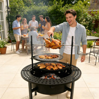 Barbecue rond au charbon de bois avec kit de rôtissoire, barbecue d'extérieur avec deux grilles de cuisson et table latérale pour fumer, poulet