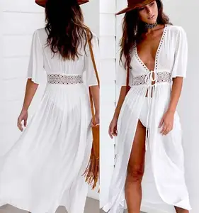 Longue robe de plage de bain blanc Cardigan couvertures pour maillots de bain femmes 2024 Robe cordon noir Maxi couverture S-5XL