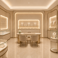 Comptoir de présentation de bijoux avec éclairage LED incurvé personnalisé, structure en métal et bois, mobilier de magasin pour la vente au détail de diamants et de pierres précieuses