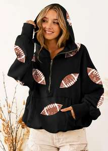 Fútbol negro media cremallera lentejuelas bordado Sudadera con capucha mujer ropa peso pesado bolsillo algodón de manga larga talla grande juego sudaderas con capucha - Product Image 3