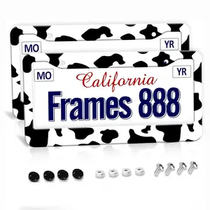 Cow Texture License Plate Frame Black Spots Farm Animal Skin Metal License Plate Cover Front Plates Frames