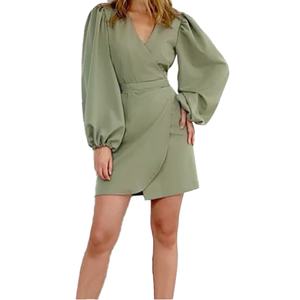 Wholesale Custom OEM ODM Hight Quality Summer Autumn New Casual Sexy V-neck High-waisted Bloomer Sleeve Women's <b>Dress</b> - Product Image 5