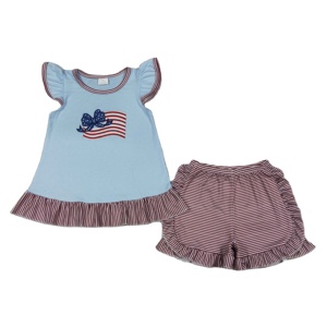 ชุดเด็กผู้หญิงแขนสั้นปักลายธงชาติอเมริกาสีน้ำเงิน GSSO3278 rts Little Active Girl ขายส่ง - Product Image 1