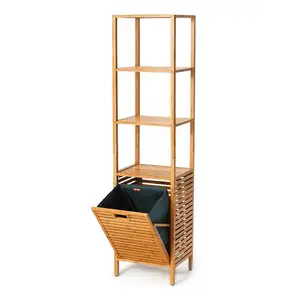 Bamboo Laundry Hamper Dirty Clothes Storage Basket With Lid Liner Tilt-out Bag 3-Tier Shelves Tower Bedroom Bathroom