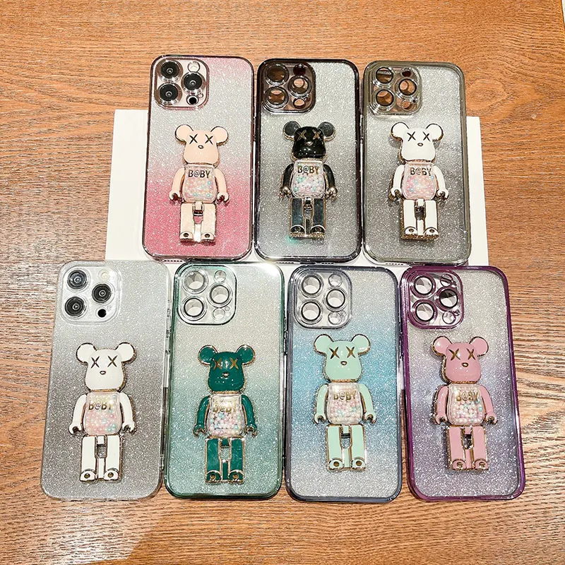 Rotating bear stand phone case for iphone 14 pro glitter gradient TPU with lens film shockproof phone case for iphone 13 12 11