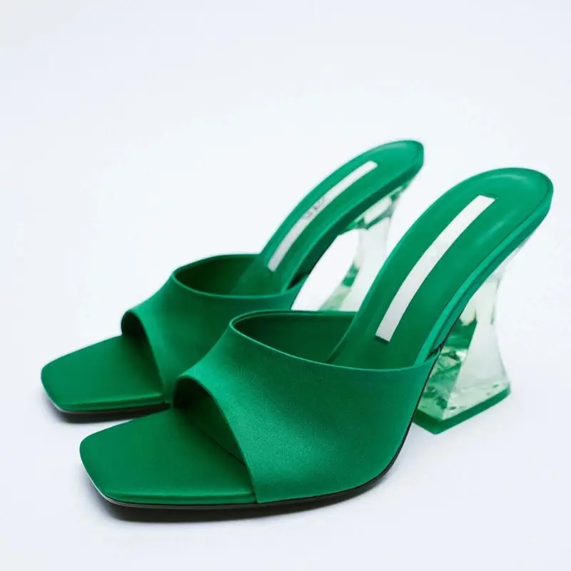 2022 Latest Summer and Autumn Women's Shoes Silky Wide Banded Clear High Heels Comfortable Green Sandals for Women