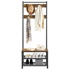 Floor Standing Coat <b>Rack</b> Entryway Storage <b>Rack</b> with Unique Double Hooks Metal Wooden Coat <b>Rack</b> Shoe Bench - Product Image 1