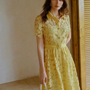 <span class=keywords><strong>Abiti</strong></span> in pizzo massiccio 2025 moda estiva elegante con risvolto monopetto con cintura a maniche corte abito <span class=keywords><strong>Midi</strong></span> - Product Image 3