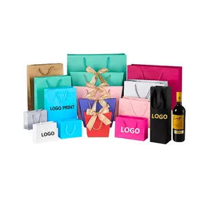 Индивидуальный принт, Подарочная одежда, бумажные сумки для переноски, розовая, белая, Золотая сумка для вина, сумка для покупок с ручкой, бумажный пакет для покупок с вашим собственным логотипом