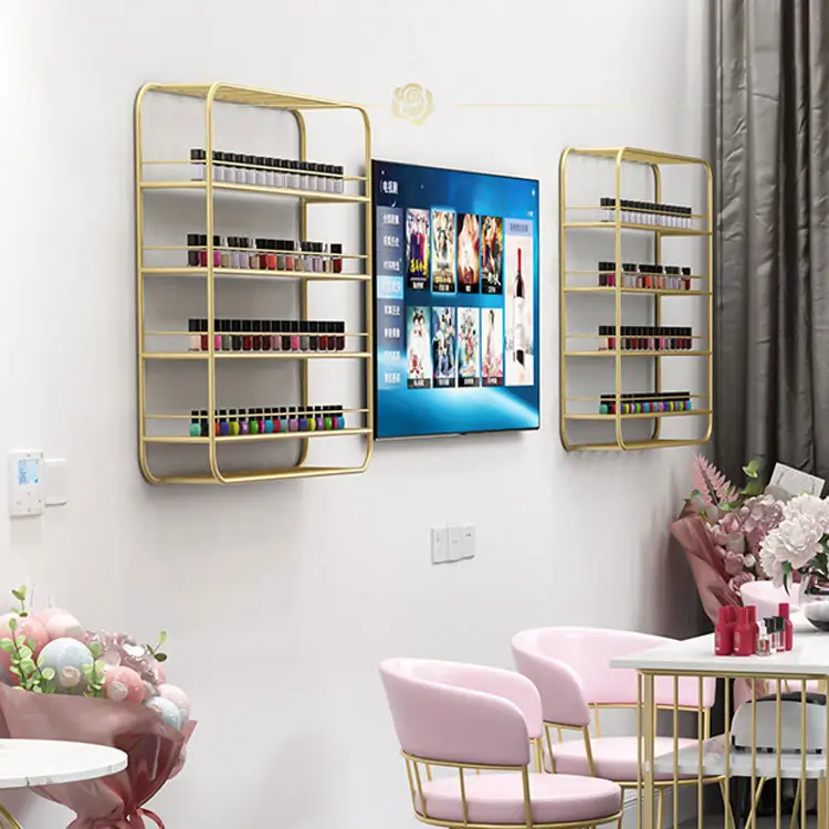 Opi-estante de exhibición de esmalte de uñas, mueble de lujo montado en la pared, oro personalizado