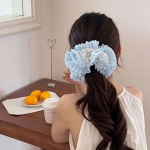 Coleteros elásticos azules a cuadros para mujer, accesorios de goma para el pelo, coleteros para cola de caballo, lazos de encaje grandes, anillos para el pelo - Product Image 4