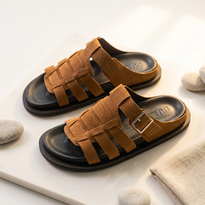 Chanclas Antideslizantes de Cuero Vacuno Genuino al por Mayor con Entresuela de Microfibra y Amortiguación de TPR, Tallas 36-45, Color Marrón - Product Image 1