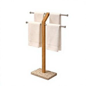 Porte-serviettes moderne en bois avec barres en acier inoxydable, double niveau, sur pied, pour salle de bain, design minimaliste - Product Image 1
