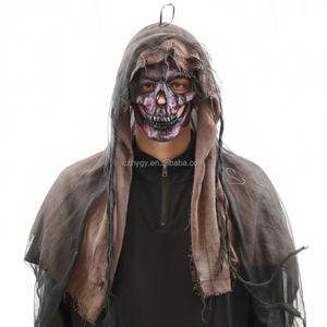 หน้ากากคลุมศีรษะแบบเต็มหัวลายหัวกะโหลกสีม่วง-ดำ สำหรับงานปาร์ตี้ฮาโลวีน ผ้าไหมคลุมหน้าสยองขวัญ อุปกรณ์ประกอบฉากกลางคืน-พลาสติก - Product Image 1