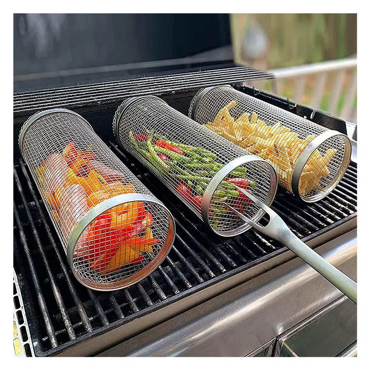KEYO Rolling BBQ Grilling Basket Stainless Steel Barbeque Grill Net Vegetables Accessories Portable Barbecue Grills Mesh Baskets