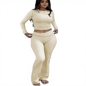 Cream Two Piece Yoga Set Women High Waist <b>Leggings</b> Crop <b>Top</b> Full Sleeve Plus Size Activewear Stretchable Sport Wear - Product Image 1