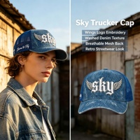 Gorra Trucker de Diseño Personalizado, Estilo Vintage, 5 Paneles, Visera Curva, Denim Lavado, Bordado 3D, Casual, Hip-hop, Unisex, para Exteriores, con Malla