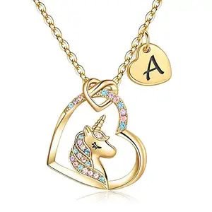Stainless Steel Heart Love Pendant Initial Letters A-Z Bling Zircon Unicorn Necklace Kids Lovely Necklace Jewelry