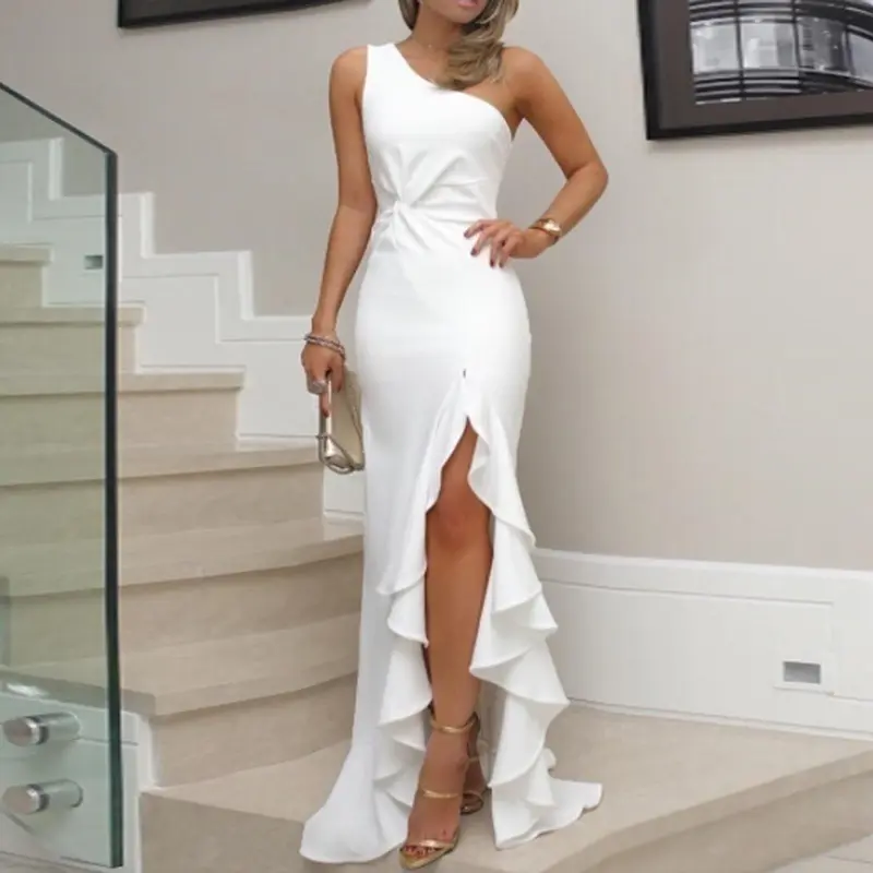 Amazon Hot Sale One Shoulder Sleeveless Ruffled Slit Sweet Train Long Straight Evening Dress