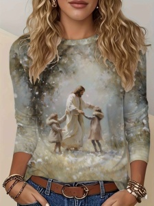 T-shirt girocollo con maniche a 3/4 con stampa di angeli e demoni, modello urbano, top casual morbido e alla moda da donna - Product Image 3