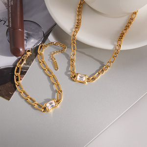 Gold Chain Necklace And <b>Bracelet</b> <b>Set</b> With Square Zircon Bezel Setting For Everyday Wear - Product Image 2