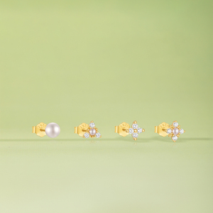 Boucles d'oreilles à clous en perles, lot de 4, simples, nouvelles, en argent S925, mini fleurs pour filles - Product Image 3