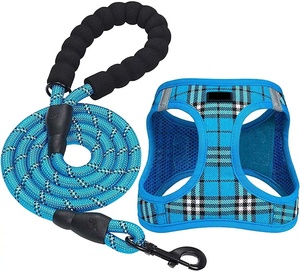 Harnais pour chien personnalisé de haute qualité, nouveau style, luxueux, motif à carreaux <span class=keywords><strong>rose</strong></span> et bleu, en <span class=keywords><strong>maille</strong></span> respirante douce en polyester, réglable et confortable - Product Image 1