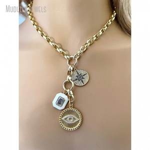 NM42694 collana a catena Belcher Rolo placcata in oro con triplo fascino occhio turco North Star e collana con lucchetto - Product Image 3