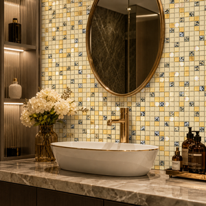 <span class=keywords><strong>Mini</strong></span> Mosaicos Cuadrados de Vidrio Dorado y Metal Plateado para Decoración de Interiores de Hoteles, Penthouses, Galerías y Espacios Comerciales - Product Image 1