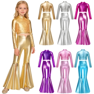Tenue de danse pour filles de 6 à 16 ans, haut court métallisé avec pantalon pattes d'éléphant, ensembles pour spectacles sur scène, fêtes, compétitions - Product Image 1