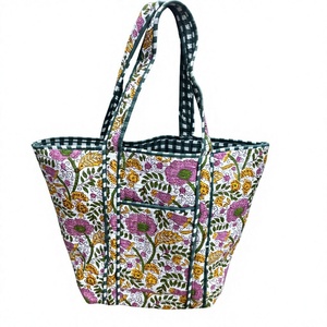 Bolso Tote de Algodón Acolchado con Estampado Floral Indio, Impresión a Mano, para Mujer, Superventas, Combinación de Colores, Gran Capacidad - Product Image 1