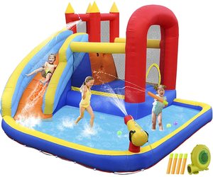 Tobogán acuático inflable directo de fábrica para niños con piscina, área de saltos, pared de escalada y aro de baloncesto - Product Image 1