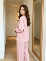 Ensemble de pyjama décontracté 2 pièces en fibre de bambou pour femme, col rond, manches longues, pantalon long, respirant, couleur unie, pour l'automne